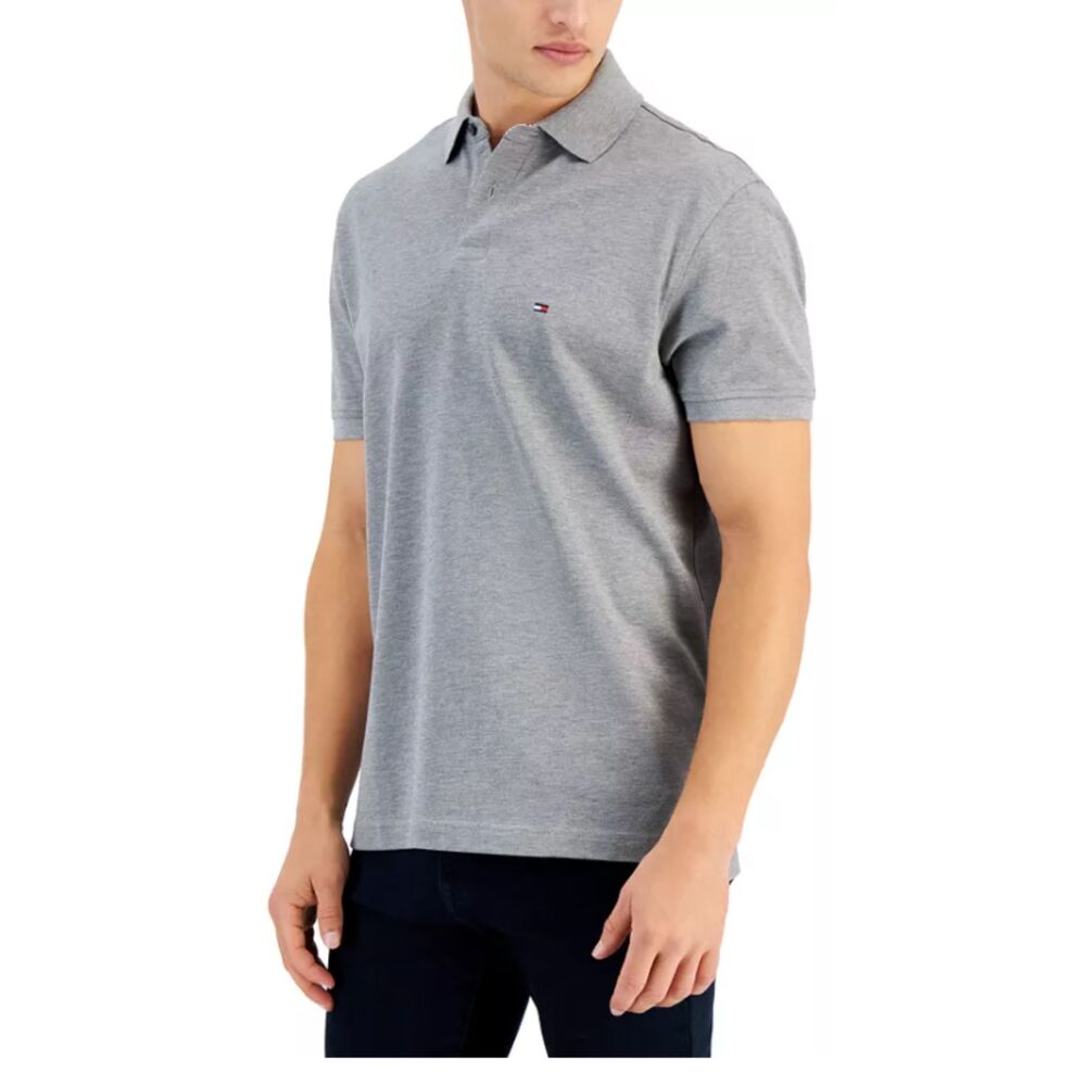 Tommy Hilfiger Custom Fit Gray Cotton Blend Polo Shirt Flag Embroidery Casual XL